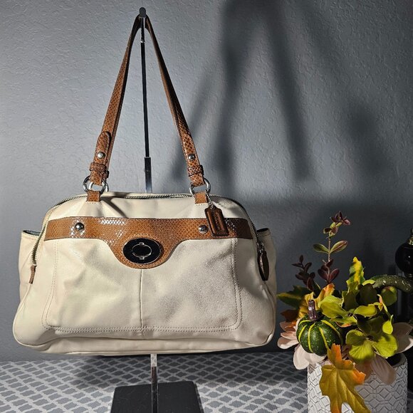 Coach Penelope 16529 Ivory Leather Handbag with Brown Snakeskin Trim – EUC - Picture 1 of 16